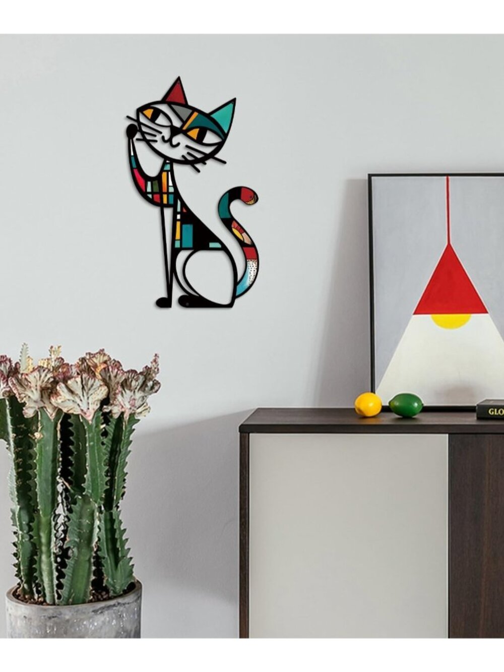 New Midnight Smile Cat Metal Wall Art Colorful Geometric Decor 13.77 x 9.84 in